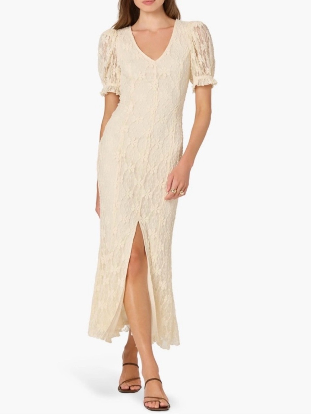 Astr Lace Midi Dress with Puff Sleeves - Cream